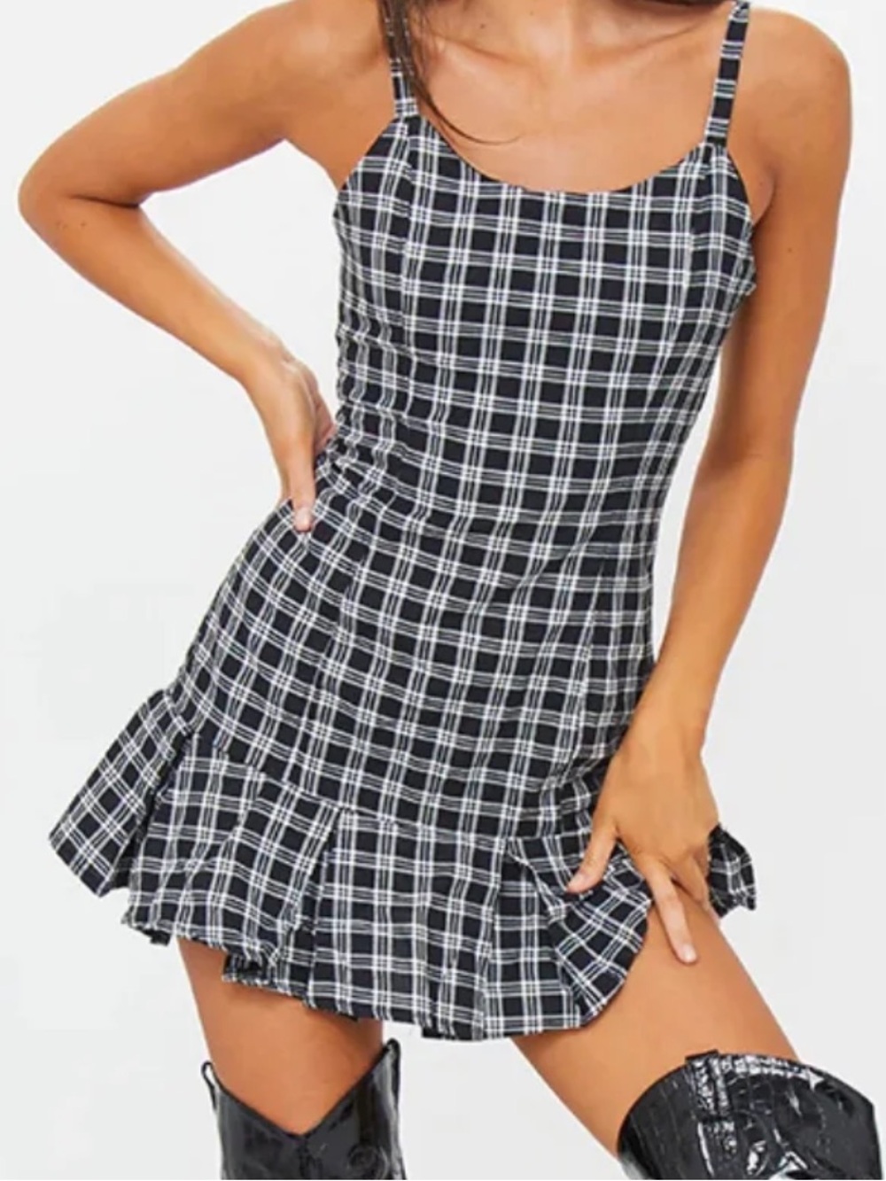 PrettyLittleThing Black and White Plaid Strappy Mini Dress